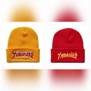 (2) NEW Thrasher Magazine Retro Beanies W/ Embroidered Flame Logo 1 Yellow 1 Red